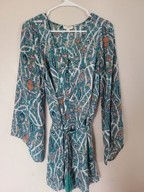 Umgee Teal Paisley Tie-Waist Romper with Tassel